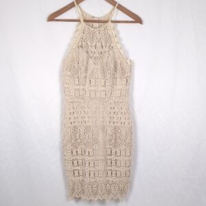 B. DARLIN Women's Beige Crochet Lace Halter Mini Dress